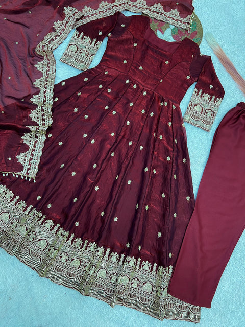 "Elegant Embroidery Work With Designer Anarkali Three Piece Set"*