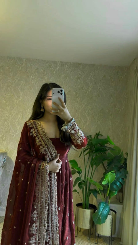 "Elegant Embroidery Work With Designer Anarkali Three Piece Set"*