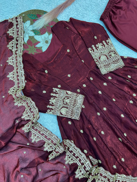 "Elegant Embroidery Work With Designer Anarkali Three Piece Set"*