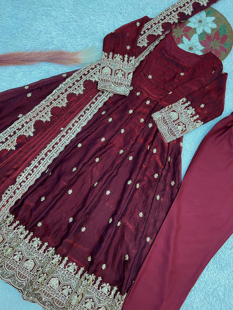 "Elegant Embroidery Work With Designer Anarkali Three Piece Set"*