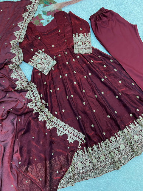 "Elegant Embroidery Work With Designer Anarkali Three Piece Set"*