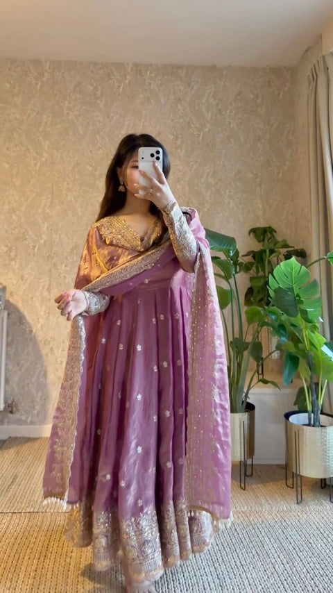 "Elegant Embroidery Work With Designer Anarkali Three Piece Set"*