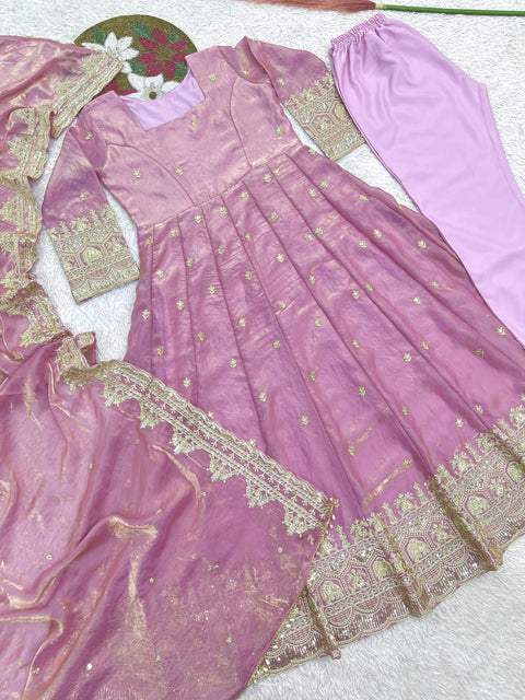 "Elegant Embroidery Work With Designer Anarkali Three Piece Set"*