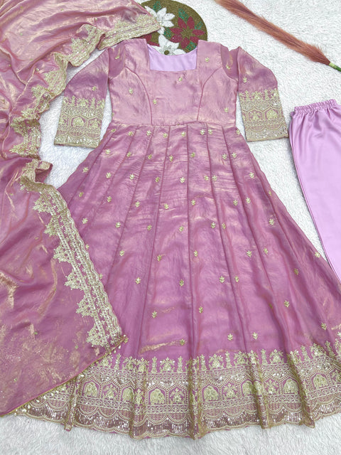 "Elegant Embroidery Work With Designer Anarkali Three Piece Set"*