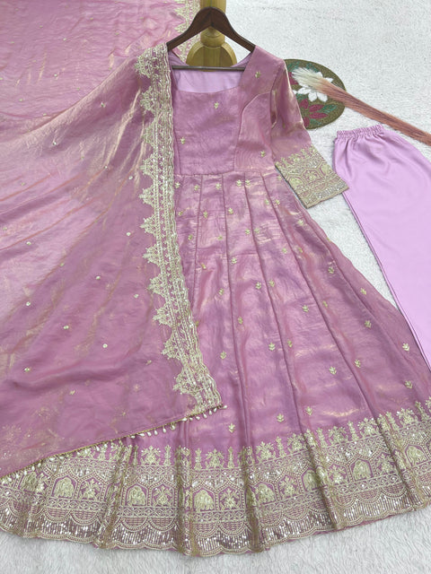 "Elegant Embroidery Work With Designer Anarkali Three Piece Set"*