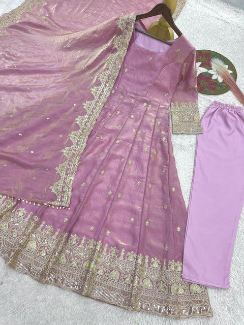 "Elegant Embroidery Work With Designer Anarkali Three Piece Set"*