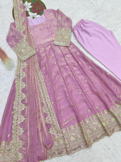 "Elegant Embroidery Work With Designer Anarkali Three Piece Set"*