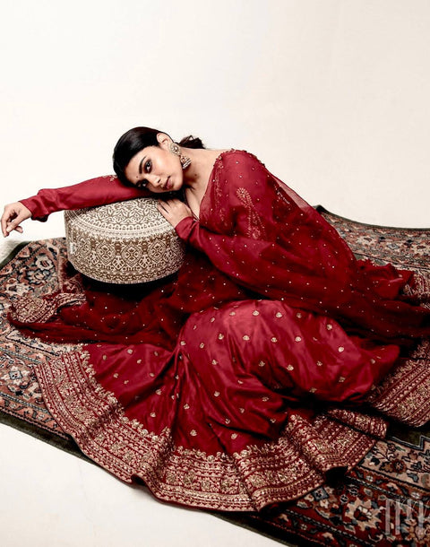 ENHANCE THE BEAUTY OF YOUR WARDROBE WITH THIS NEWLY LAUNCHED CHERRY  RED COLOUR GOWN SET