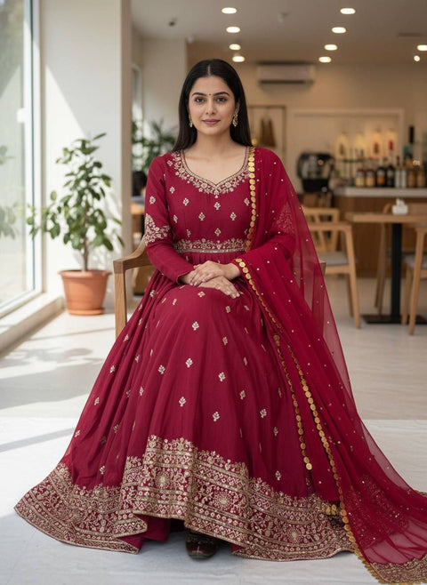 ENHANCE THE BEAUTY OF YOUR WARDROBE WITH THIS NEWLY LAUNCHED CHERRY  RED COLOUR GOWN SET
