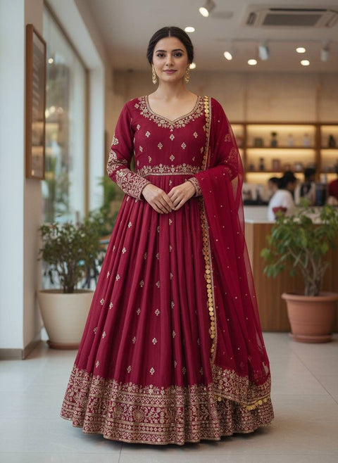 ENHANCE THE BEAUTY OF YOUR WARDROBE WITH THIS NEWLY LAUNCHED CHERRY  RED COLOUR GOWN SET