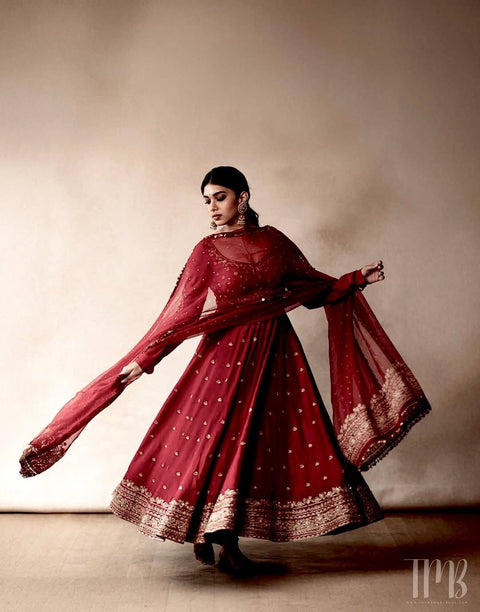 ENHANCE THE BEAUTY OF YOUR WARDROBE WITH THIS NEWLY LAUNCHED CHERRY  RED COLOUR GOWN SET