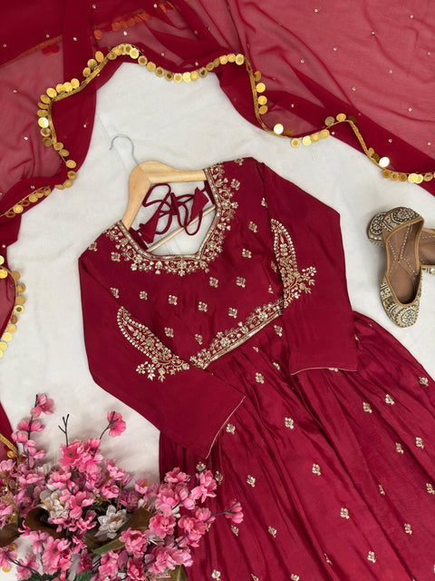 ENHANCE THE BEAUTY OF YOUR WARDROBE WITH THIS NEWLY LAUNCHED CHERRY  RED COLOUR GOWN SET