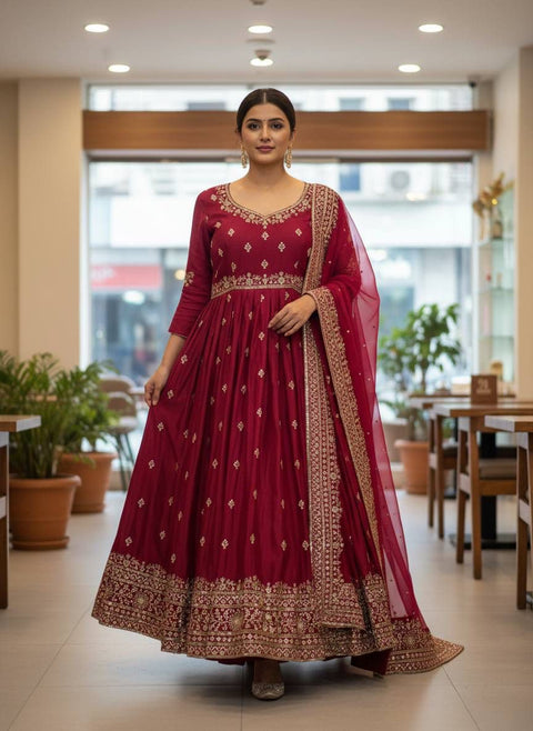 ENHANCE THE BEAUTY OF YOUR WARDROBE WITH THIS NEWLY LAUNCHED CHERRY  RED COLOUR GOWN SET