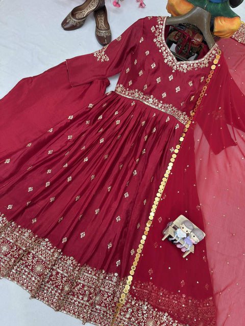 ENHANCE THE BEAUTY OF YOUR WARDROBE WITH THIS NEWLY LAUNCHED CHERRY  RED COLOUR GOWN SET