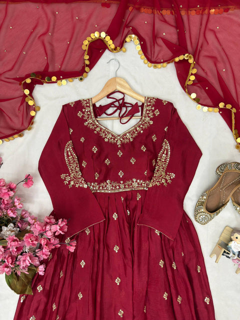 ENHANCE THE BEAUTY OF YOUR WARDROBE WITH THIS NEWLY LAUNCHED CHERRY  RED COLOUR GOWN SET