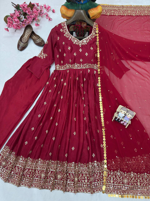 ENHANCE THE BEAUTY OF YOUR WARDROBE WITH THIS NEWLY LAUNCHED CHERRY  RED COLOUR GOWN SET