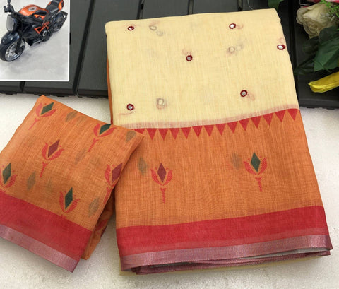 Soft Linen Paithani Style Digital Print Saree with Embroidery & Foil Mirror Work