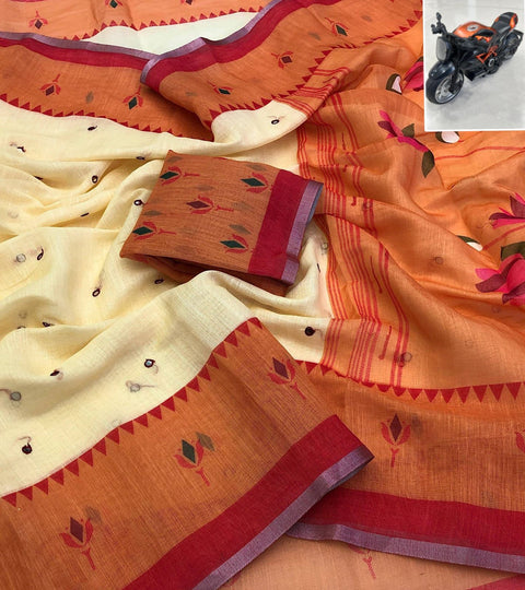 Soft Linen Paithani Style Digital Print Saree with Embroidery & Foil Mirror Work