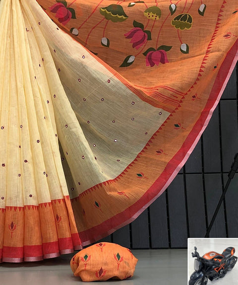 Soft Linen Paithani Style Digital Print Saree with Embroidery & Foil Mirror Work