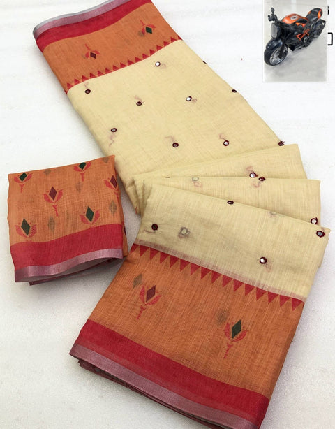 Soft Linen Paithani Style Digital Print Saree with Embroidery & Foil Mirror Work