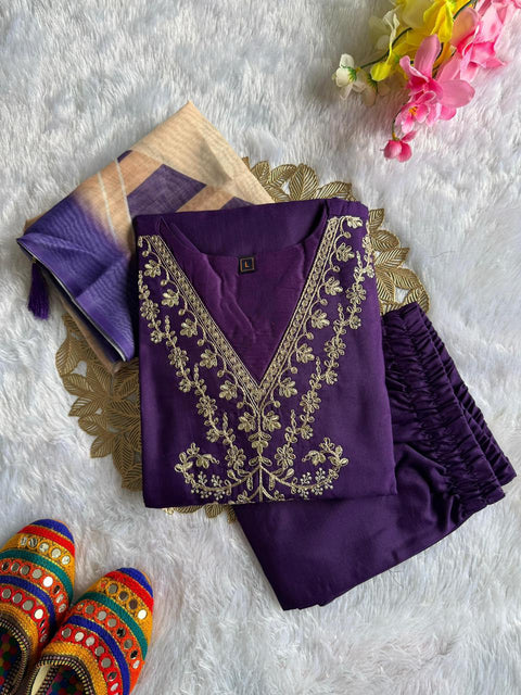 New Designer Rayon Slub Kurti Pant Dupatta Set with Embroidery Work