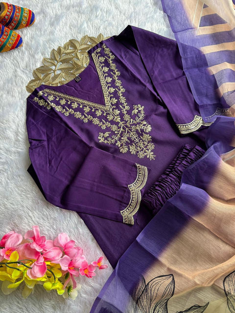 New Designer Rayon Slub Kurti Pant Dupatta Set with Embroidery Work