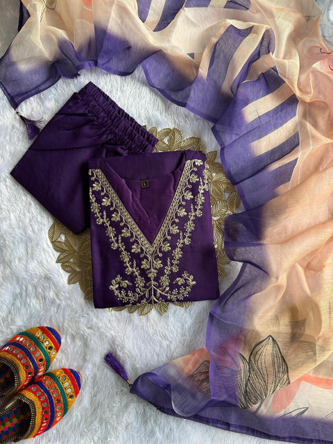 New Designer Rayon Slub Kurti Pant Dupatta Set with Embroidery Work