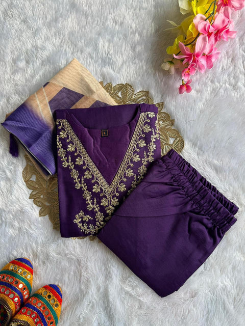 New Designer Rayon Slub Kurti Pant Dupatta Set with Embroidery Work