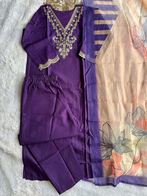 New Designer Rayon Slub Kurti Pant Dupatta Set with Embroidery Work