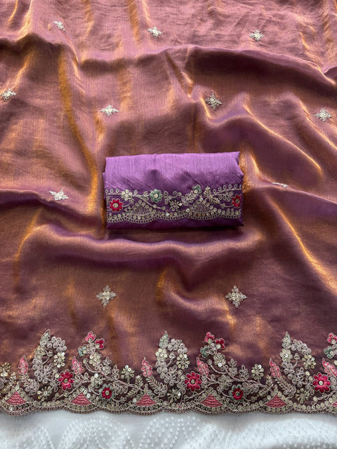 Oreva7 Party Wear Fendy Chiffon Silk Saree with Embroidery Work