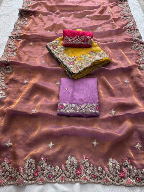Oreva7 Party Wear Fendy Chiffon Silk Saree with Embroidery Work