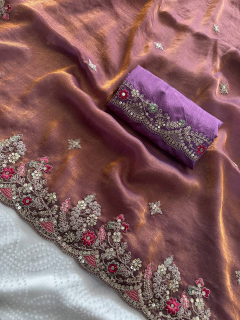 Oreva7 Party Wear Fendy Chiffon Silk Saree with Embroidery Work