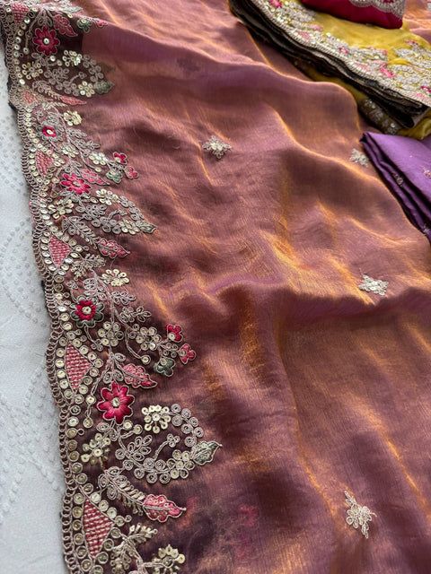 Oreva7 Party Wear Fendy Chiffon Silk Saree with Embroidery Work