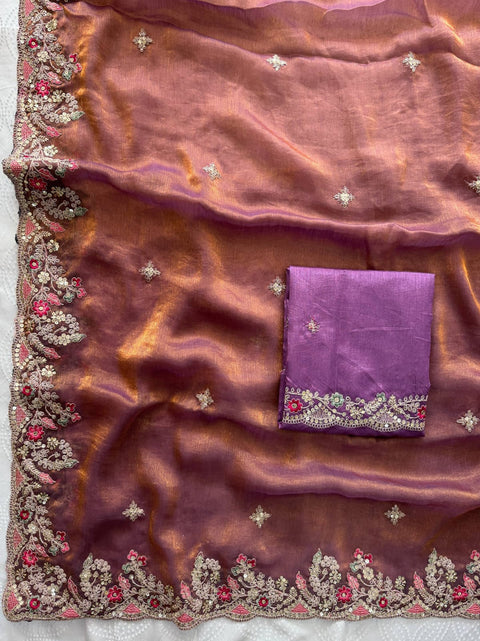 Oreva7 Party Wear Fendy Chiffon Silk Saree with Embroidery Work