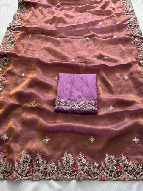Oreva7 Party Wear Fendy Chiffon Silk Saree with Embroidery Work