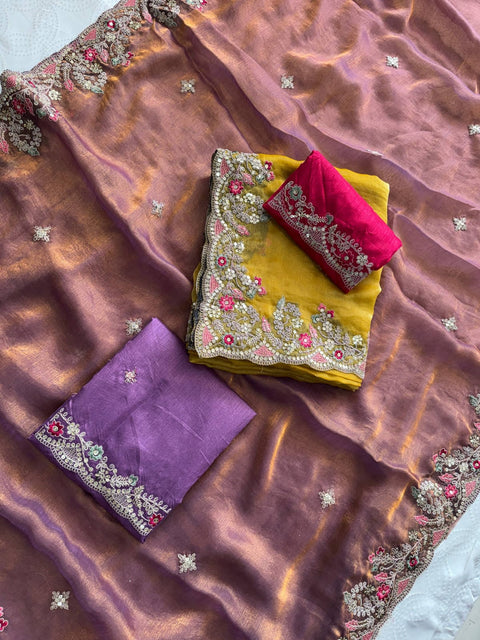 Oreva7 Party Wear Fendy Chiffon Silk Saree with Embroidery Work