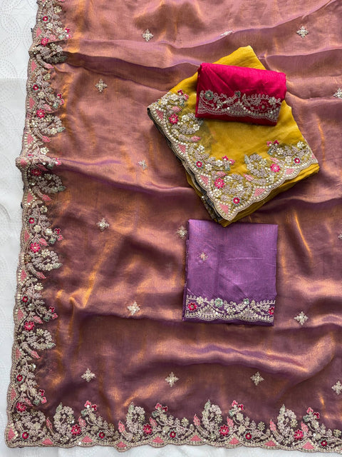Oreva7 Party Wear Fendy Chiffon Silk Saree with Embroidery Work