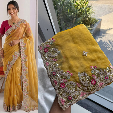 Oreva7 Party Wear Fendy Chiffon Silk Saree with Embroidery Work