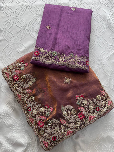Oreva7 Party Wear Fendy Chiffon Silk Saree with Embroidery Work