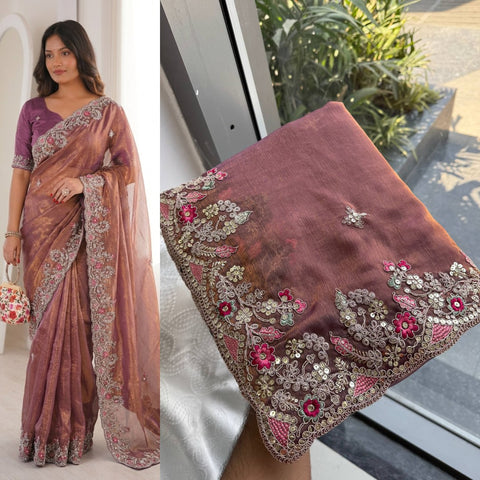 Oreva7 Party Wear Fendy Chiffon Silk Saree with Embroidery Work