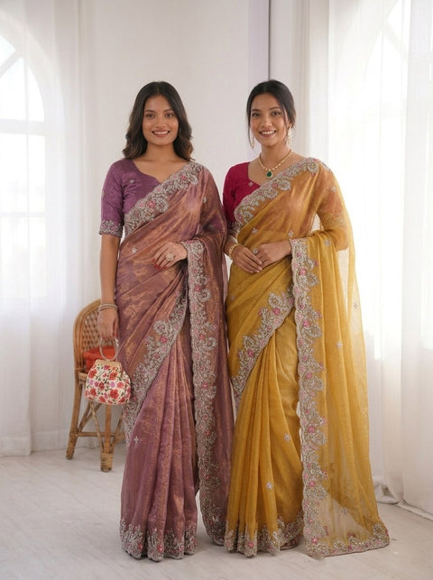 Oreva7 Party Wear Fendy Chiffon Silk Saree with Embroidery Work