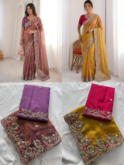 Oreva7 Party Wear Fendy Chiffon Silk Saree with Embroidery Work