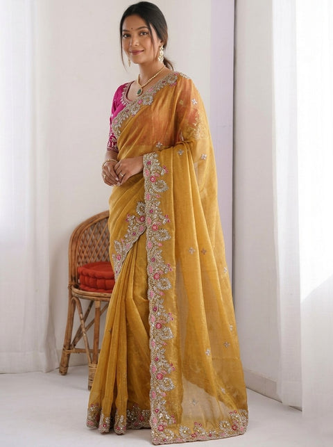 Oreva7 Party Wear Fendy Chiffon Silk Saree with Embroidery Work