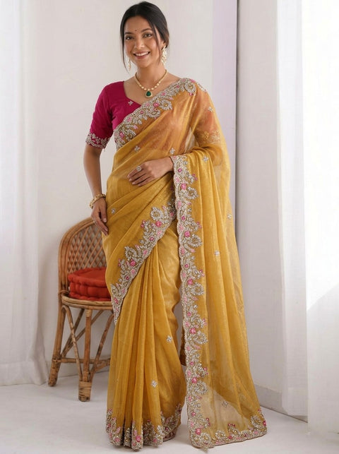 Oreva7 Party Wear Fendy Chiffon Silk Saree with Embroidery Work