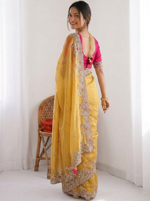 Oreva7 Party Wear Fendy Chiffon Silk Saree with Embroidery Work