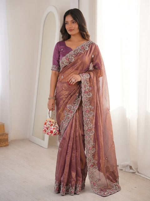 Oreva7 Party Wear Fendy Chiffon Silk Saree with Embroidery Work