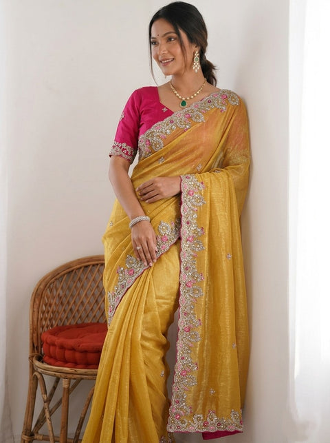 Oreva7 Party Wear Fendy Chiffon Silk Saree with Embroidery Work