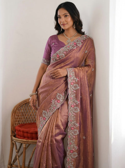 Oreva7 Party Wear Fendy Chiffon Silk Saree with Embroidery Work