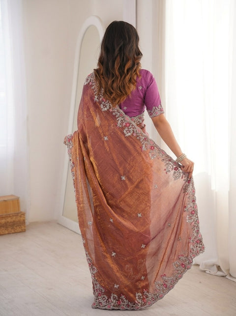 Oreva7 Party Wear Fendy Chiffon Silk Saree with Embroidery Work