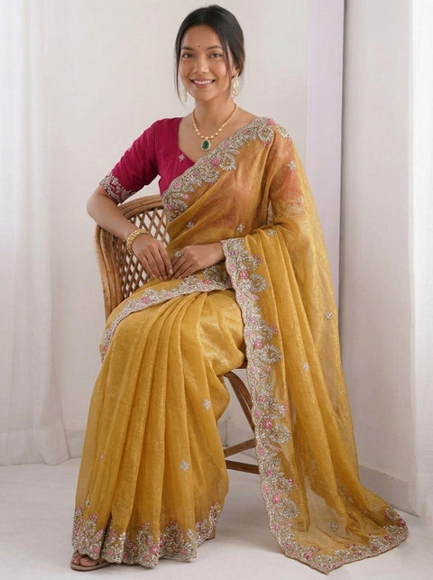 Oreva7 Party Wear Fendy Chiffon Silk Saree with Embroidery Work
